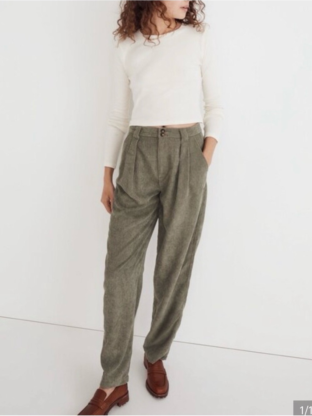 Madewell Womens Corduroy High Rise Pleated Tapered Olive Green Pants Size 4